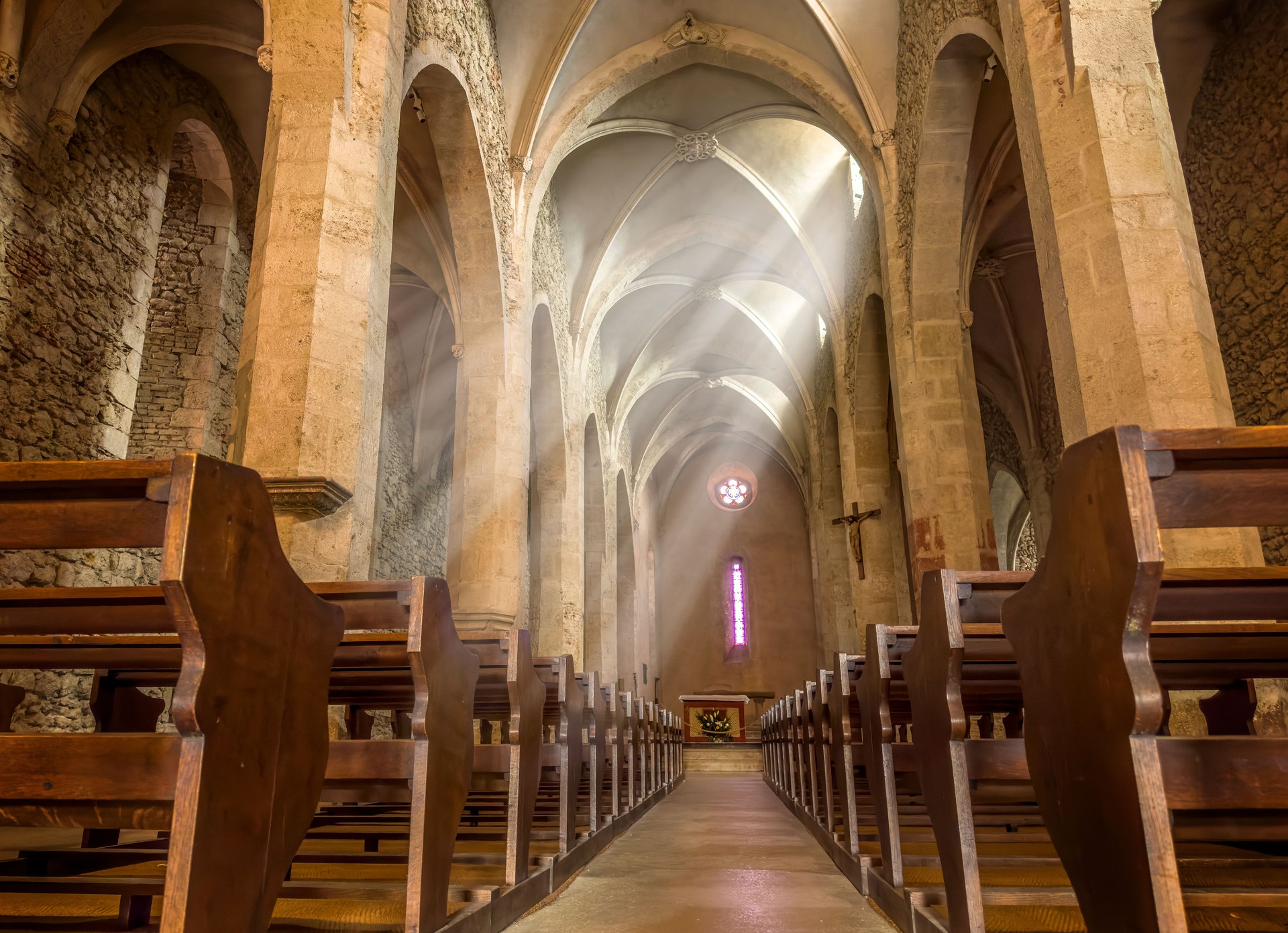 Interior view of medieval church Saint Mary Magdalene in Perouges